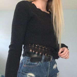 black knit crochet detailed sweater